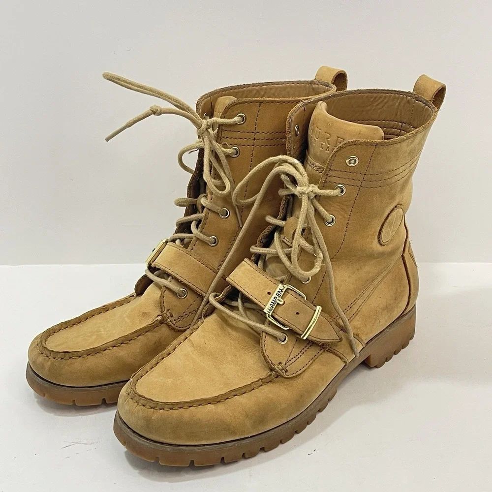 Polo Ralph Lauren Ranger Boots Size 8.5B Tan Leather Lace Up Buckle Combat Style